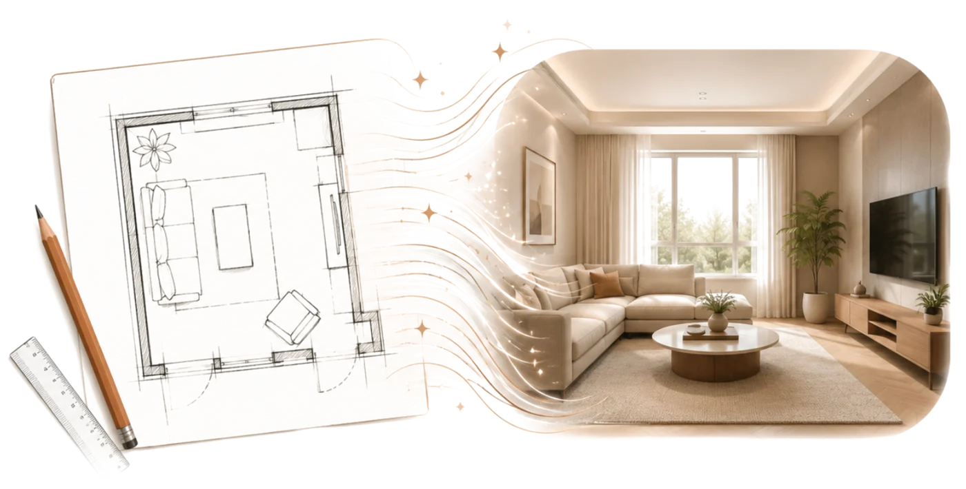 turn my room sketch into a realistic design